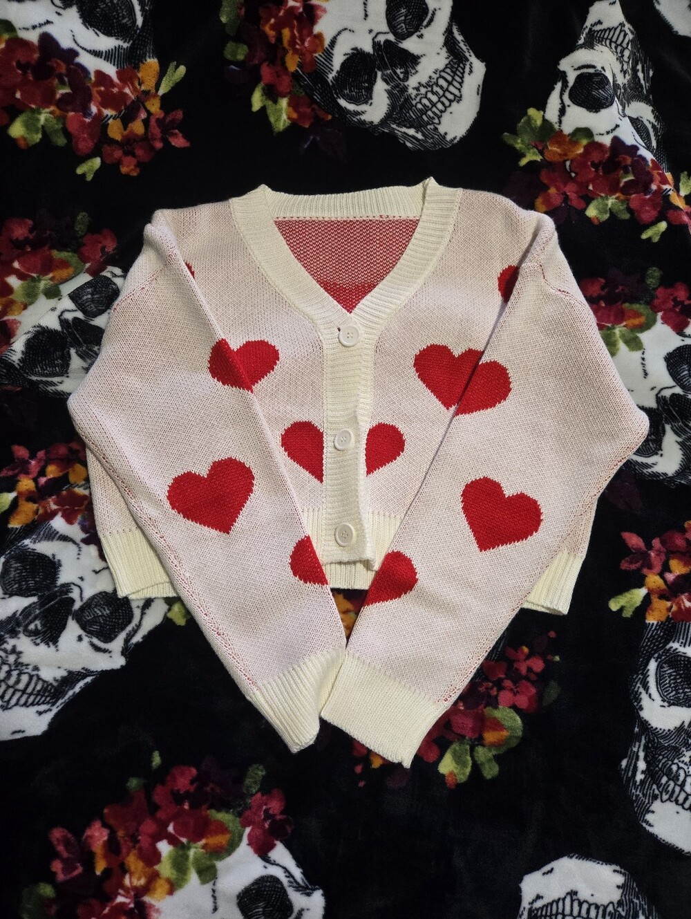 SHEIN Red Cropped Cardigan with Red Hearts